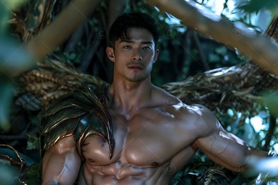 Facing forward in a shaded forest, a strong man with wings looks ahead