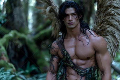 Standing in a green forest, a strong man with pale wings looks directly ahead