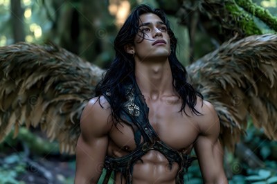 A muscular man with feather wings looking up in a forest