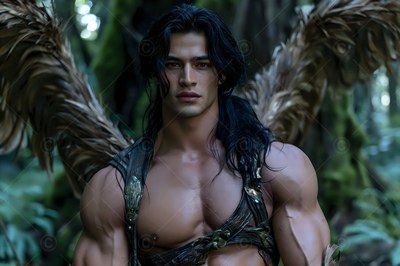 A strong man with wings wears a dark harness while standing in a leafy green forest