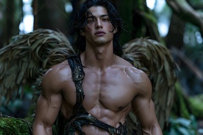 A bare-chested man with feather-covered wings stands in the woods under soft blue light