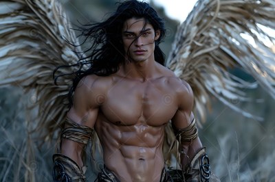 Standing outdoors, a shirtless winged man looks forward in a grassy field