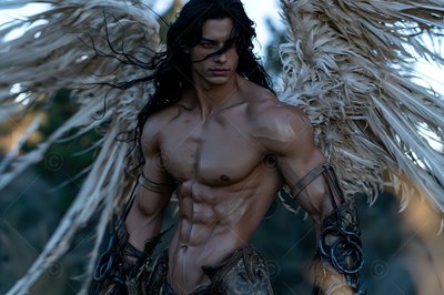 A shirtless man with long black hair spreads his feathered wings outdoors
