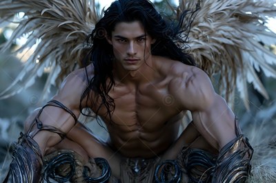 In a dark forest, a crouched strong man with wings stares forward with long black hair