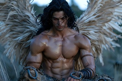 Sitting outdoors, a muscular winged man with long dark hair rests in tall grass