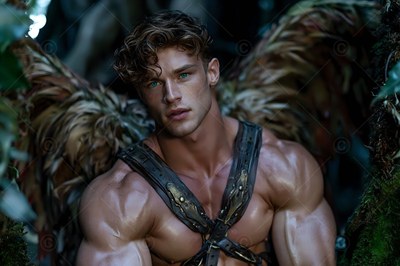 Facing forward in a dim forest, a muscular winged man wears leather straps
