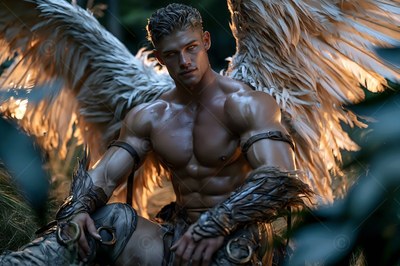In a dim forest, a muscular winged man rests in warm sunlight