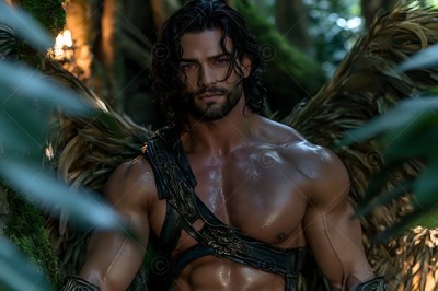 A dark leather harness on his bare chest, a winged man stands in a shady green forest