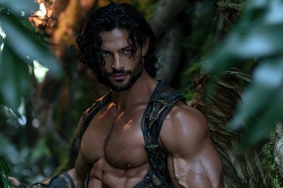 Turned slightly in a shaded forest, a winged muscular man looks forward