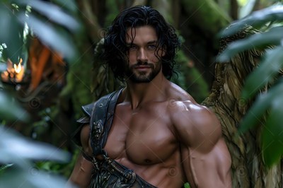 A winged man with a strong build with dark hair stands shirtless in a green forest