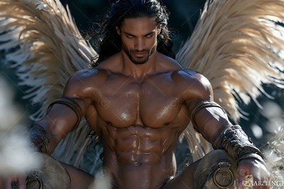 In a dark forest, a strong man with wings kneels with pale feathered wings spread wide