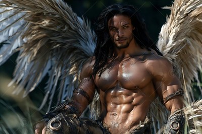 Crouching outdoors, a winged man with a strong build with long dark hair stares ahead