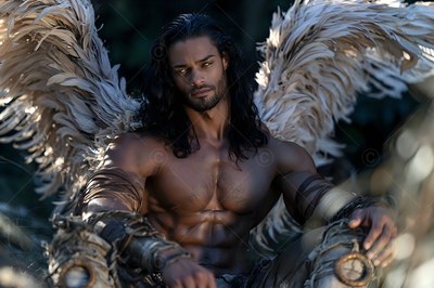 Long dark hair falls around a muscular winged man sitting in a shady forest clearing