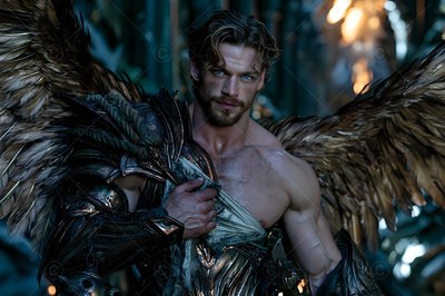 A winged man pulls his armor aside under warm torchlight behind him