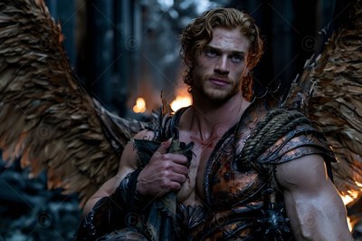 Facing forward in a dimly lit forest, a winged man wears bronze armor