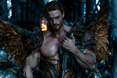 A broad-shouldered man with brown wings of feathers stands in armor before a fire