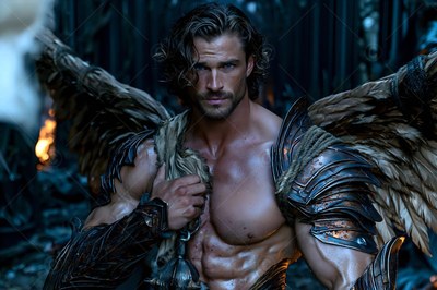 In a dimly lit forest, a shirtless winged man wears bronze armor on his shoulders