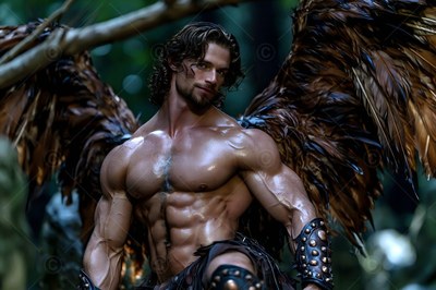 Standing in a dark woods, a muscular winged man looks forward with large brown wings spread