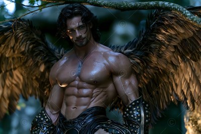 A broad-shouldered man with wings stands in the dark woods under soft daylight