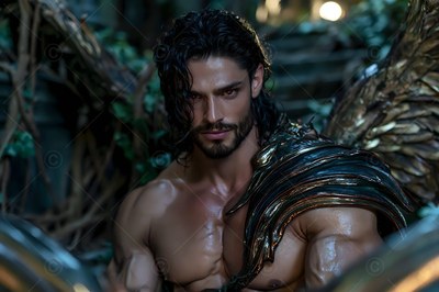 In a shadowy forest, a shirtless man with dark hair wears golden armor on one shoulder