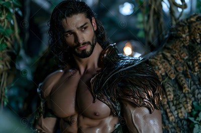 Standing in a dimly lit forest, a muscular man with brown wings wears metal armor