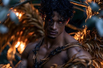 A man with red eyes and golden feather wings in the woods