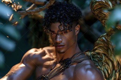 Curly black hair frames the face of a winged man resting in a shadowy forest grove