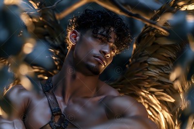 A winged man rests among branches as soft golden light catches his feathers