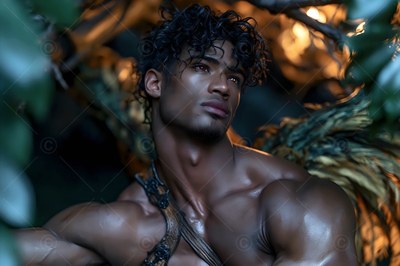 Looking over his shoulder, a winged muscular man rests in a dim forest