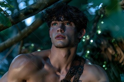 A man with no shirt on with dark hair looks up through green branches in the woods