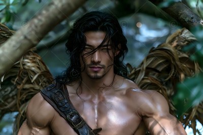 A leather strap crosses the bare chest of a muscular man with brown wings in a dim forest