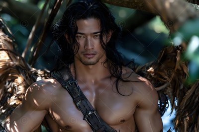 A winged man looks forward under tree branches with soft sunlight on his skin
