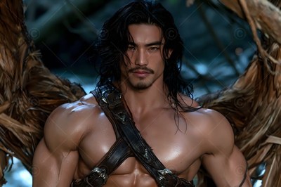 A winged well-built man with dark hair wears leather straps in a dim forest