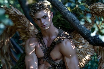 A shirtless blond man with feathered brown wings sits by a tree in the woods