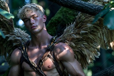 In a shadowy forest, a blond winged man is standing in dappled sunlight wearing leather straps
