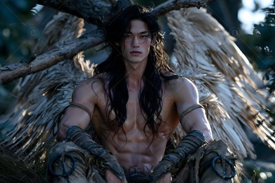 Resting against tree branches, a muscular man with large pale wings sits outside