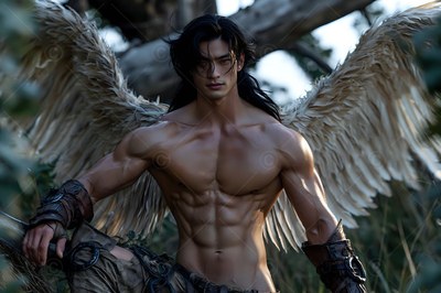 Bare-chested man with pale two feathered wings in a forest