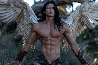 Long black hair frames a shirtless winged man standing outdoors by dry wood