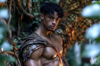 Turned toward the viewer, a bare-chested winged man stands in a dimly lit forest