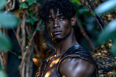 A man with dark curly hair looks to the side among leafy green vines