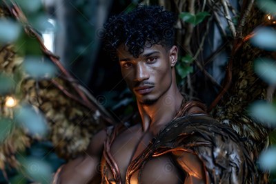 In a dark green forest, a bare-chested man with bronze wings looks forward