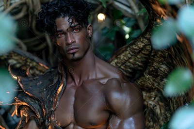 Looking forward, a winged man with red eyes and dark curls rests in leafy woods