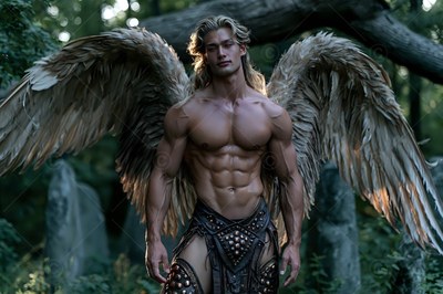 Bare-chested man with two feathered wings standing in a forest