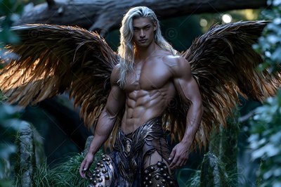 A muscular winged man stands in a dark forest under soft highlights on his pale hair