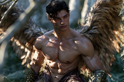 A broad-shouldered man wearing no shirt with brown feathered wings crouches in the woods