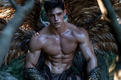 In a shadowy forest, a strong man with large brown wings sits on a branch