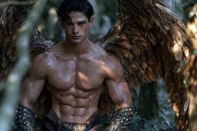 Standing in the woods, a muscular shirtless man spreads his brown two feathered wings
