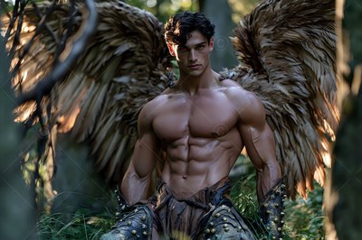 Strong man with wings kneeling in a dark forest