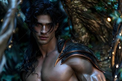 Dark shoulder armor covers a shirtless man with red eyes standing in a shadowy forest