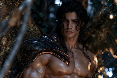 A strong man looks to the side in the woods with warm light shining on his bare chest